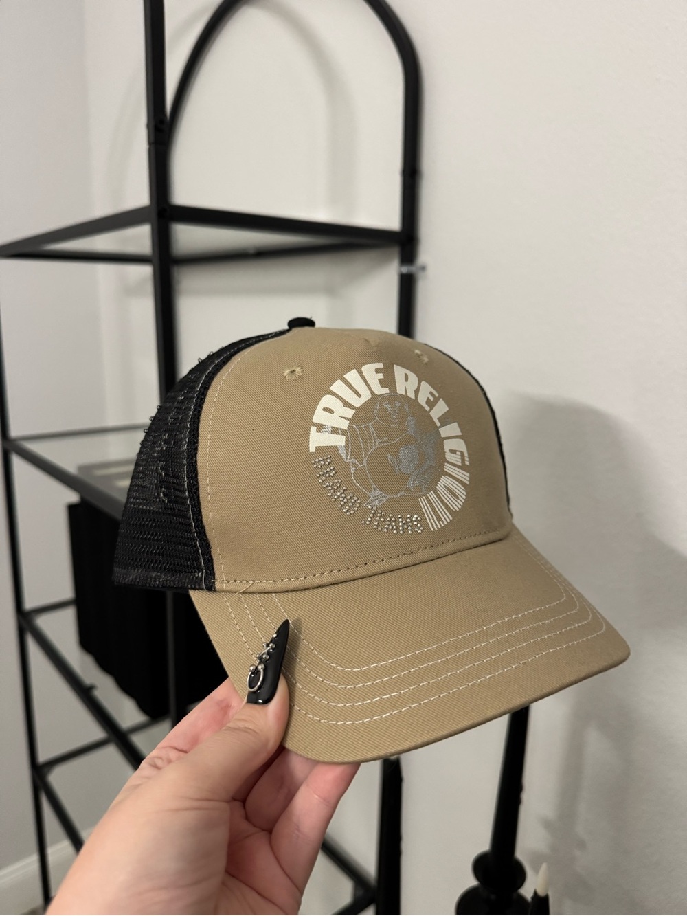 True Religion Khaki Front Black Mesh Trucker Cap
